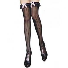 Чулки черные с полосками и розовыми бантами