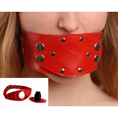 Красный кляп в виде фаллоса из натуральной кожи