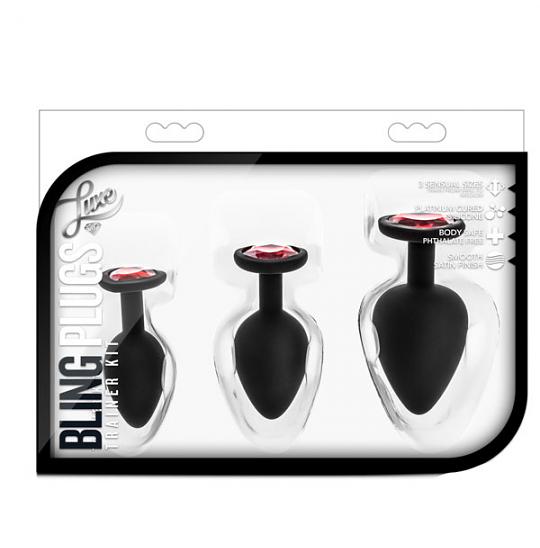 Массажер для анальной стимуляции Luxe Bling Plugs Training Kit Red Gems цвет черный
